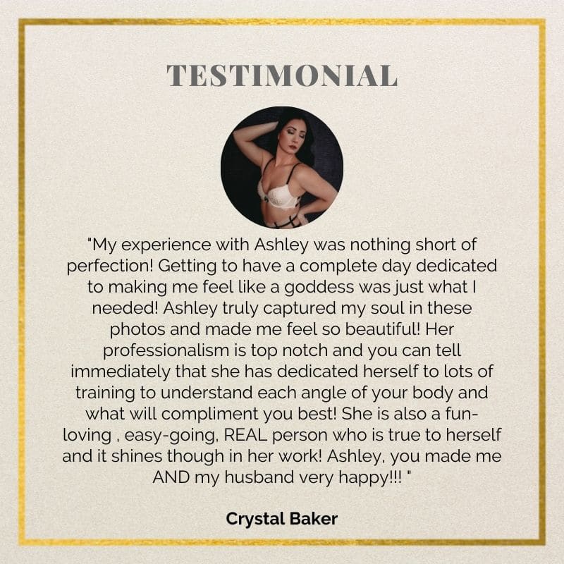 Crystal Baker's testimonial recounting a flawless and empowering photoshoot experience with Ashley St. Clair, filled with guidance and comfort.